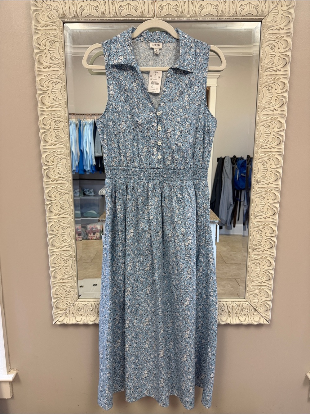J. Crew Light Blue and White Floral Button-Front Shirt Dress